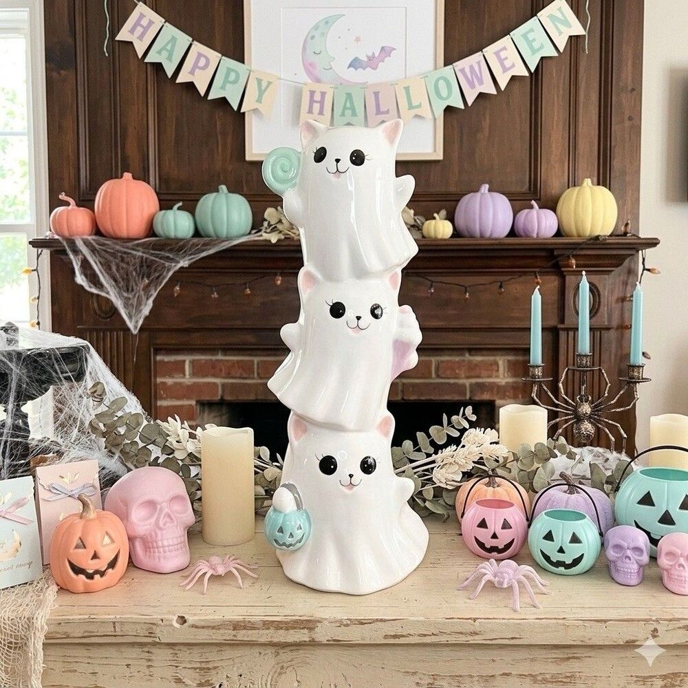 Cute Pastel Pink Halloween Ceramic Kitty Ghost Stack Figurine 13.5”H Tabletop